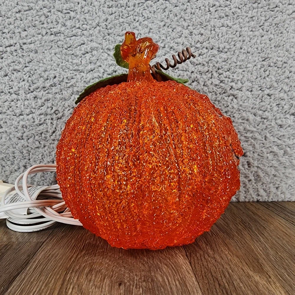 Vintage Orange Glass Popcorn Jack O Lantern Pumpkin Tabletop Light 6.5